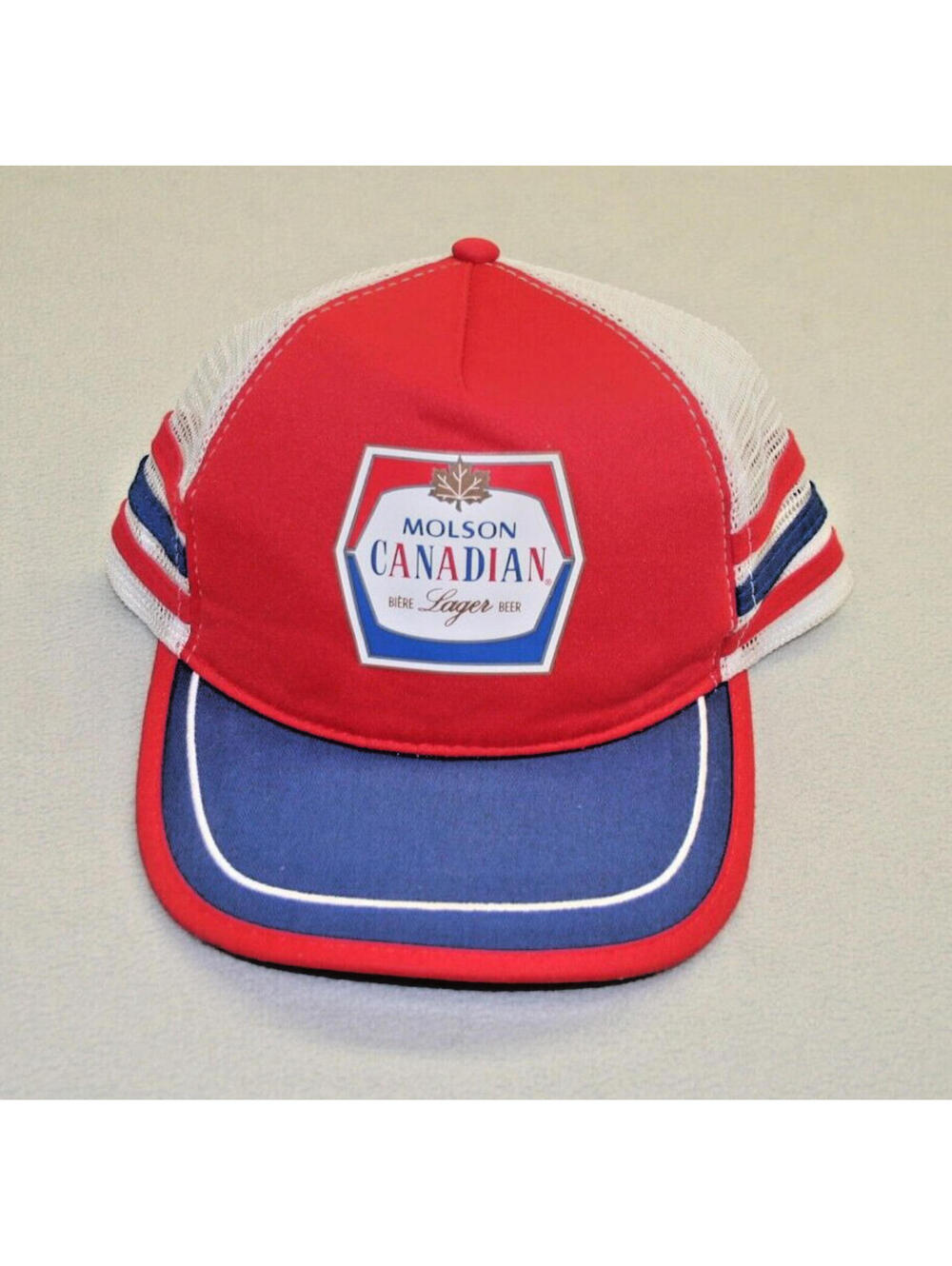 Molson Canadian vintage Retro 3 Stripe Hat Red White Blue Snapback Trucker Cap